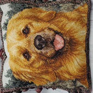 Golden Retriever Dog Needlepoint Throw Pillow Wool with Tassels 14 x 14